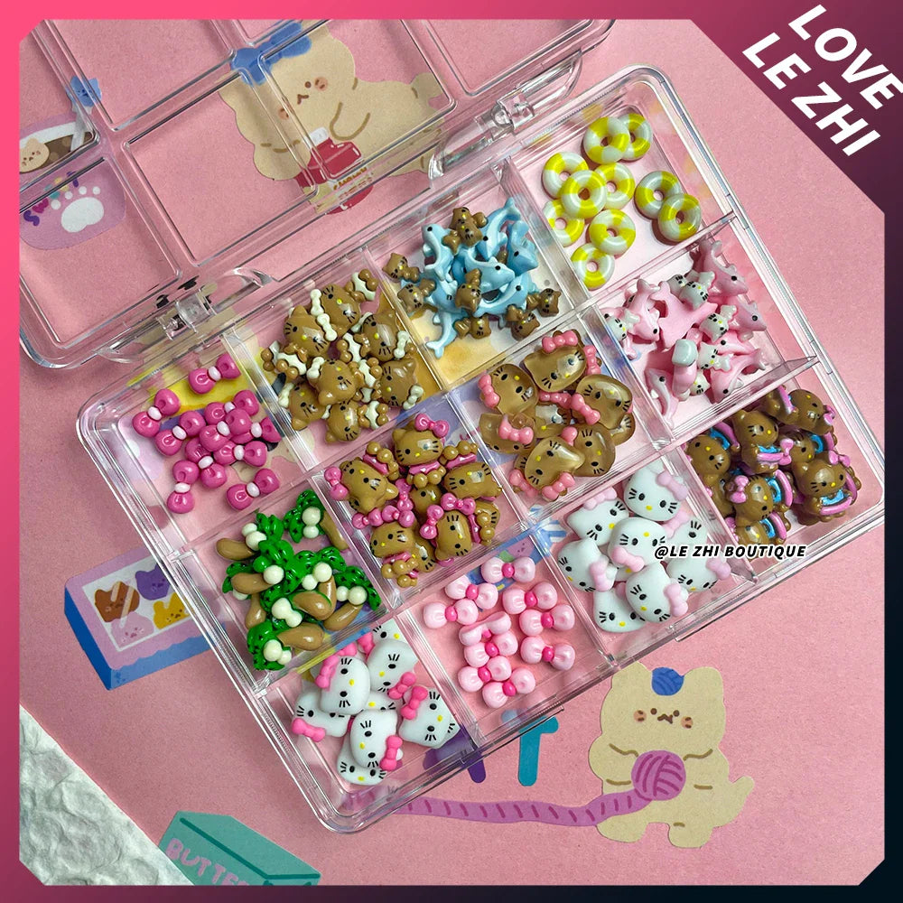 Boxed 120Pcs Kawaii Black Skin Sanrio Hello Kitty Nails Art Charms Accessories 3D Beach Bow Dolphin Resin Nails Decor Promotion